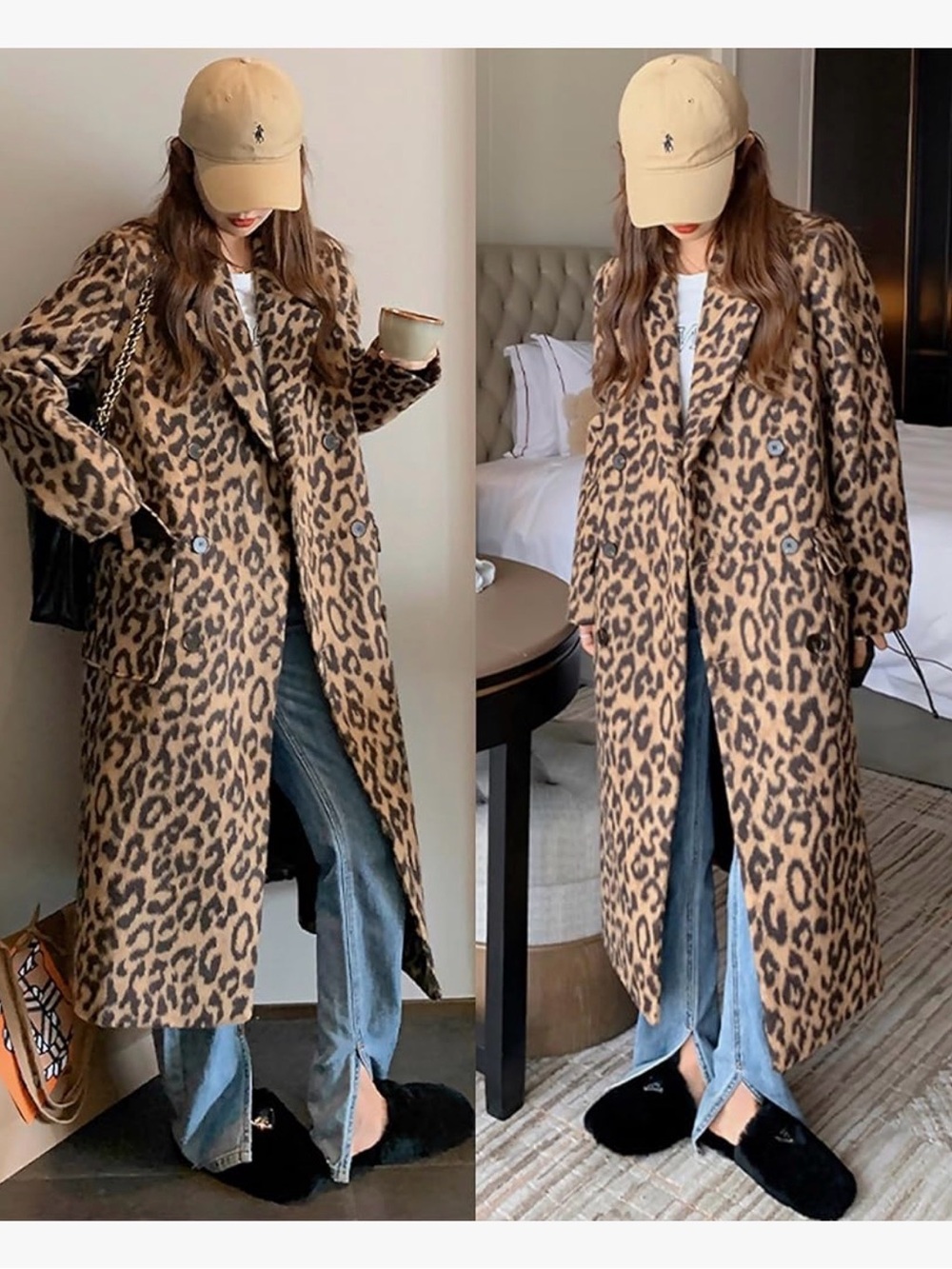 Utcoco Womens Leopard Long Wool Trench Coat Notched Lapel Double Breasted Pea